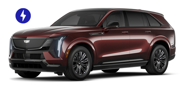 Three-quarters view of a maroon Cadillac ESCALADE IQ